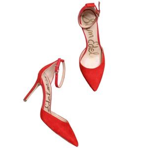 SAM EDELMAN Harlow Pointed Toe Suede Ankle Strap High Heel Pumps Red Size 7